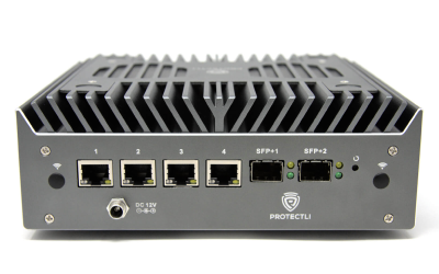 Ruggedized Starlink bonding router for wildland fire communications featuring quad Gigabit Ethernet and dual SFP+ fiber ports in a fanless heat-dissipating chassis